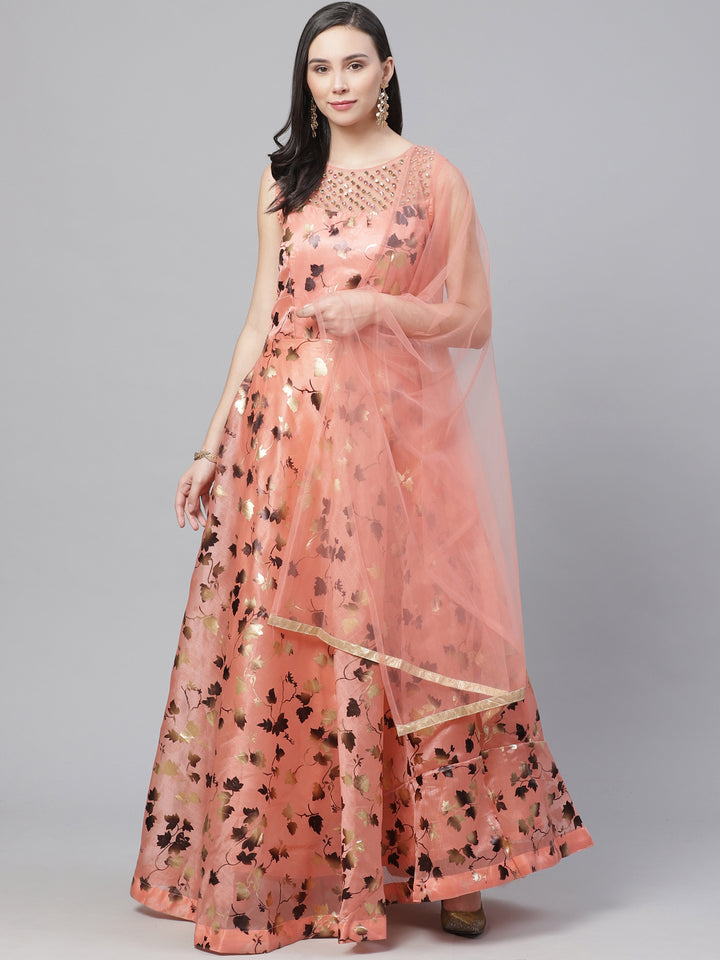 Made to Measure Embellished Cocktail Pastel Organza Gown with Floral Foil Print