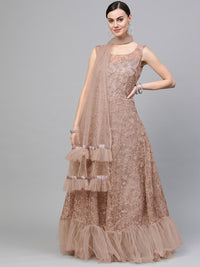 Anarkali Cocktail Gown with Resham embroidery, pearl embellishments and Ruffled dupatta