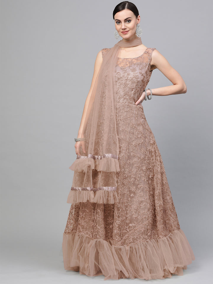 Anarkali Cocktail Gown with Resham embroidery, pearl embellishments and Ruffled dupatta