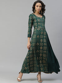 Bottle Green Long Anarkali Ethnic Motifs Foil Printed Kurti with Asymmetrical Pleats
