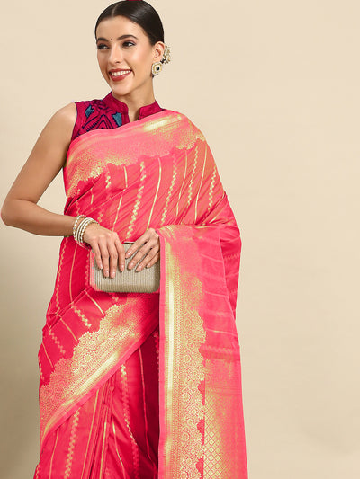 Chhabra 555 Coral Banarasi Floral & Striped Zari Woven Traditional Handloom Silk Saree