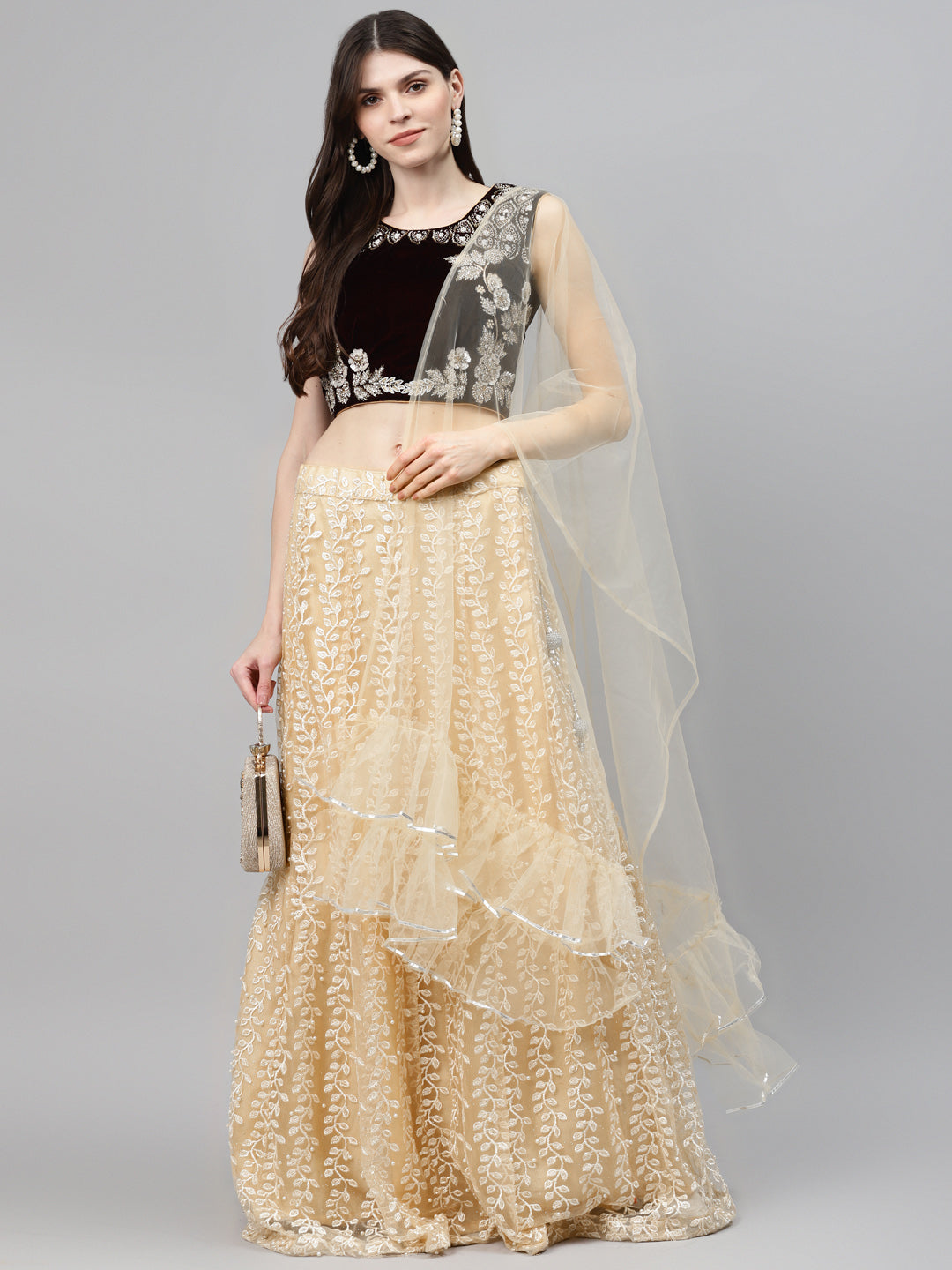 Floral Resham Embroidery Lehenga Set with Velvet Blouse, Frills & Crystal Embellishment