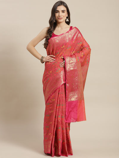 Chhabra 555 Banarasi Chanderi Meenakari Handloom Saree With Resham & Zari Weaving 

Color: Pink

Type: Jamdani Sarees

Pattern: Woven Design

Pattern Type: Floral

Ornamentation: Zari

Border: Woven Design

Fabric: Silk Blend

Saree length: 5.50 mtr., Width: 1.10 mtr, Blouse length: 0.85 mtr
Dry Clean Only

The CAD image gives a detailed look of the actual blouse piece that comes with this saree. The blouse used by the model in the pictures is only for styling purpose.