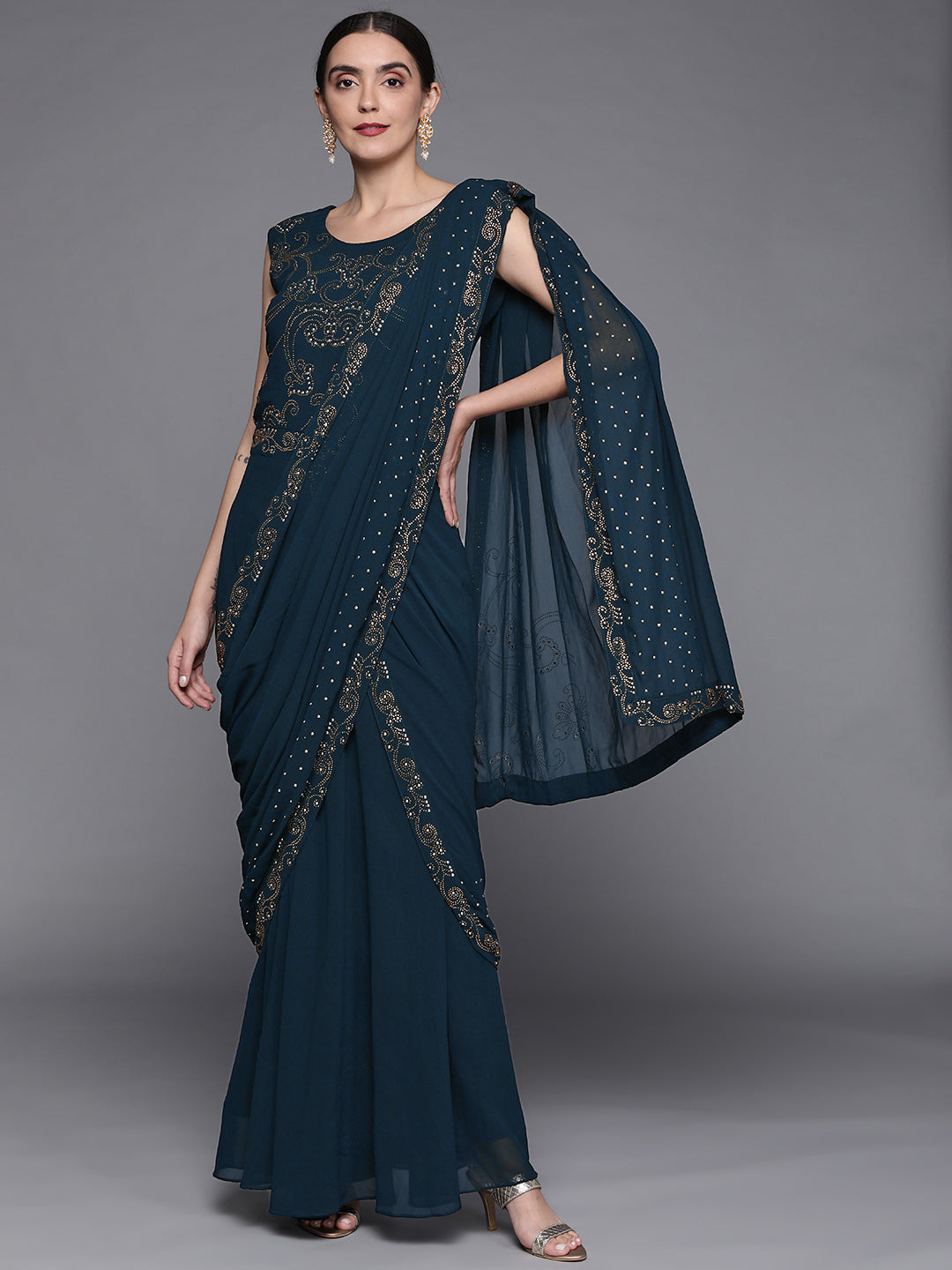 Chhabra 555 Embellished Navy Blue Georgette Pre-Draped Saree Gown With Attached Dupatta