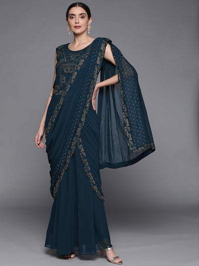 Chhabra 555 Embellished Navy Blue Georgette Pre-Draped Saree Gown With Attached Dupatta
