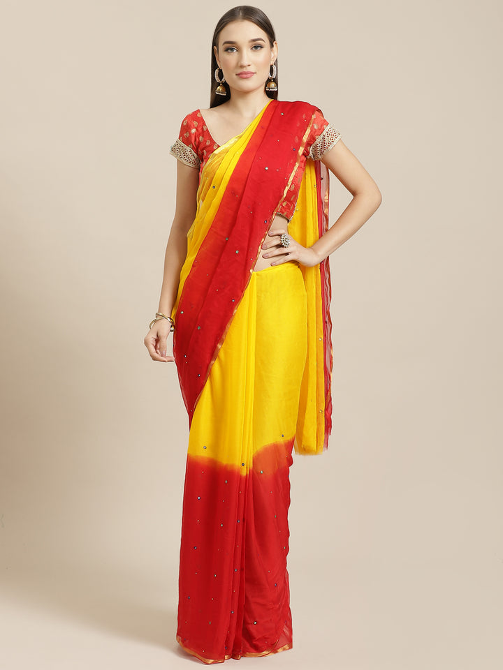 Red & Yellow Ombre Chiffon Saree with Crystals Mirror Embroidery & Benarasi Blouse