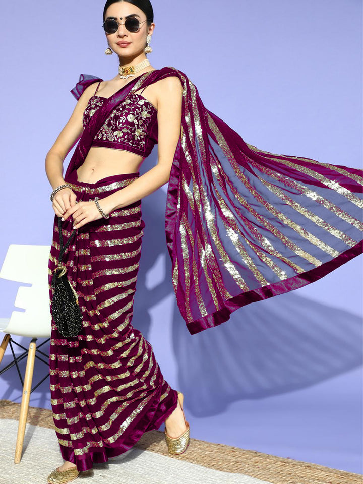 Purple Striped Sequinned Bling Embellished Designer Georgette Saree