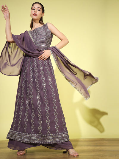 Chhabra 555 Made to Measure Purple Zari Embroidered & Sequence Embellished Georgette Nayra Cut Suit With Flared Palazzo & Dupatta