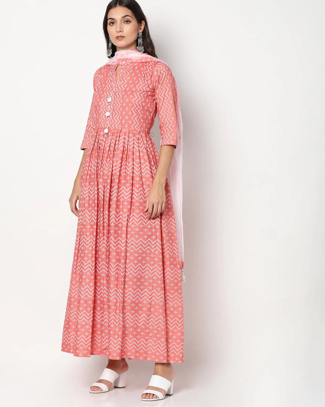 Chhabra 555 Made to Measure Ikat Inspired Printed Anarkali Kurta Set With Chiffon Tie-and-Dye Dupatta