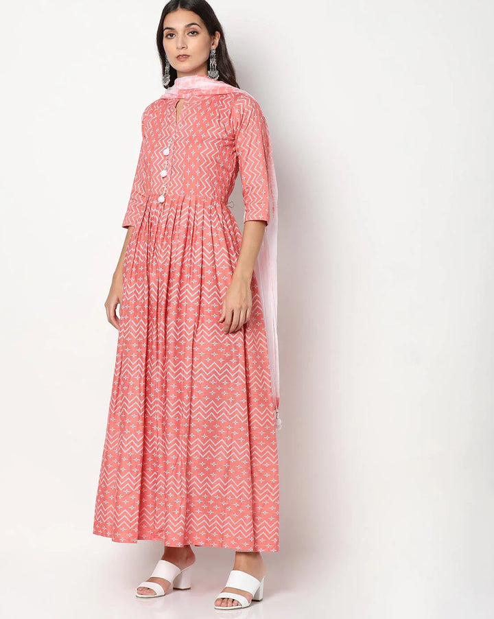 Chhabra 555 Made to Measure Ikat Inspired Printed Anarkali Kurta Set With Chiffon Tie-and-Dye Dupatta