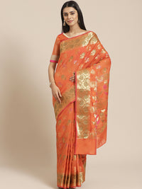 Chanderi Saree with Gold Zari & Resham Floral Meenakari Motifs & Lotus pattern in border