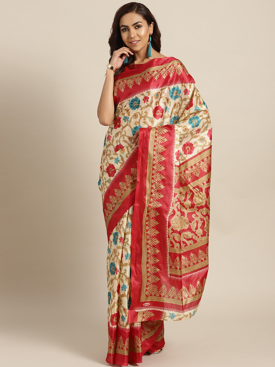 Chhabra 555 Beige Printed Bhagalpuri Saree with Vibrant contrast Floral motifs
