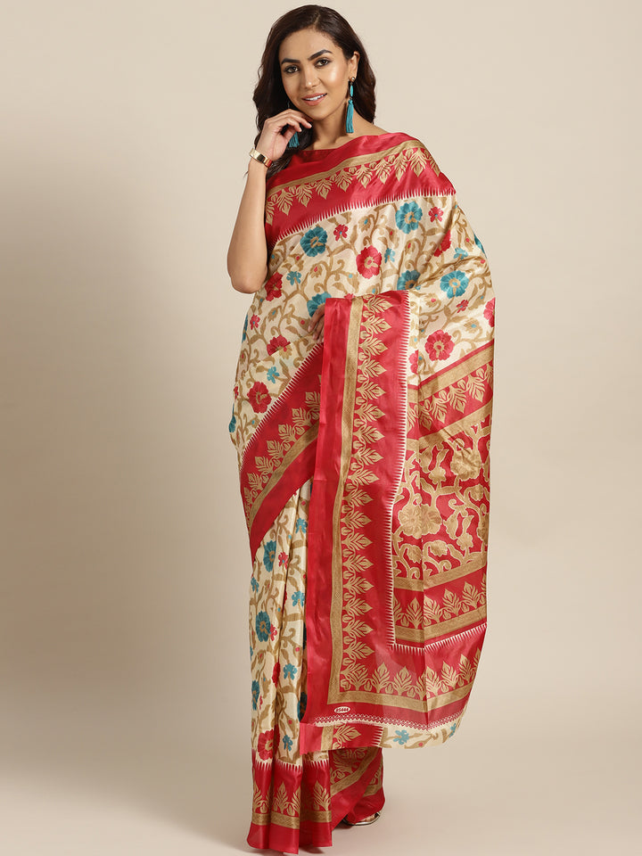 Chhabra 555 Beige Printed Bhagalpuri Saree with Vibrant contrast Floral motifs