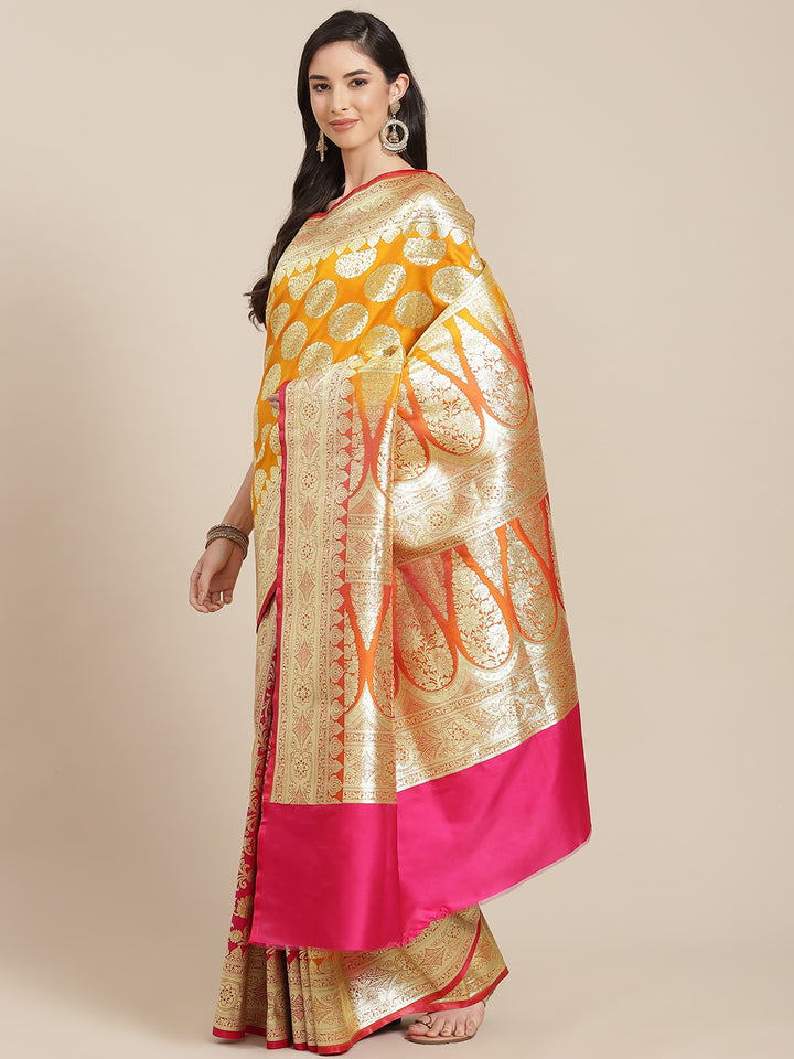 Chhabra 555 Mustard Kanjeevaram Wedding Silk Saree With Gold  Ethnic Weaves & Magenta Contrast Pallu

Color: Mustard & Magenta

Type: Kanjeevaram Sarees

Pattern: Woven Design

Pattern Type: Ethnic Motifs

Ornamentation: Zari

Border: Zari

Fabric: Silk Blend

Saree: 5.85 mtr., Width: 1.15 mtr, Blouse: 0.90 mtr
Dry Clean

The CAD image gives a detailed look of the actual blouse piece that comes with this saree. The blouse used by the model in the pictures is only for styling purpose.