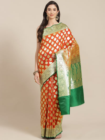 Chhabra 555 Rust Kanjeevaram Wedding Silk Saree With Traditional Zari Ambi Motifs & Contrast Pallu 

Color: Orange

Type: Kanjeevaram Sarees

Pattern: Woven Design

Pattern Type: Woven Design

Ornamentation: Zari

Border: Zari

Fabric: Silk Blend

Saree: 5.85 mtr., Width: 1.15 mtr, Blouse: 0.90 mtr
Dry Clean

The CAD image gives a detailed look of the actual blouse piece that comes with this saree. The blouse used by the model in the pictures is only for styling purpose.