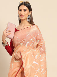 Chhabra 555 Peach Gota Patti Embroidery Chanderi Saree With Resham Gota Border & Tassels