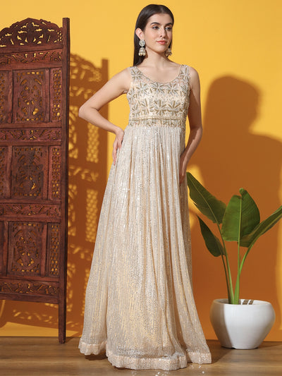 Chhabra 555 Mermaid Sequin Embellished Cocktail Gown with Zircon & Zardozi Embroidered Floral Motifs