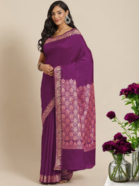Chhabra 555 Deep Purple Solid Banarasi Silk Saree with Zari Woven Floral Border