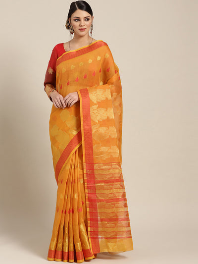 Chhabra 555 Yellow Chanderi Silk saree with Zari and Resham weaving in a floral pattern
