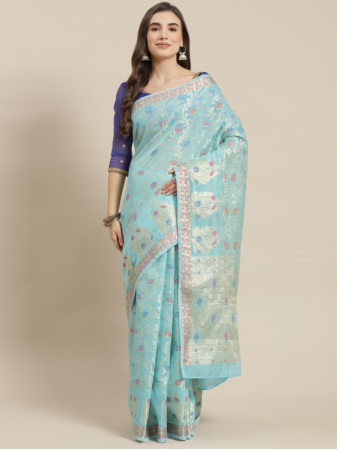 Chhabra 555 Turquoise Blue Handloom Jamdani Chanderi Saree with Resham Meenakari Weaving

Color: Turquoise Blue

Type: Jamdani Sarees

Pattern: Woven Design

Pattern Type: Ethnic Motifs

Ornamentation: Zari

Border: Woven Design

Fabric: Silk Blend

Saree length: 5.50 mtr., Width: 1.10 mtr, Blouse length: 0.85 mtr
Dry Clean Only

The CAD image gives a detailed look of the actual blouse piece that comes with this saree. The blouse used by the model in the pictures is only for styling purpose.