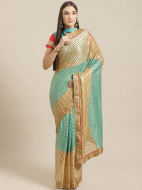 Foil print Beige Turquoise Blue Traditional Stone Embellished Saree with Fancy Border