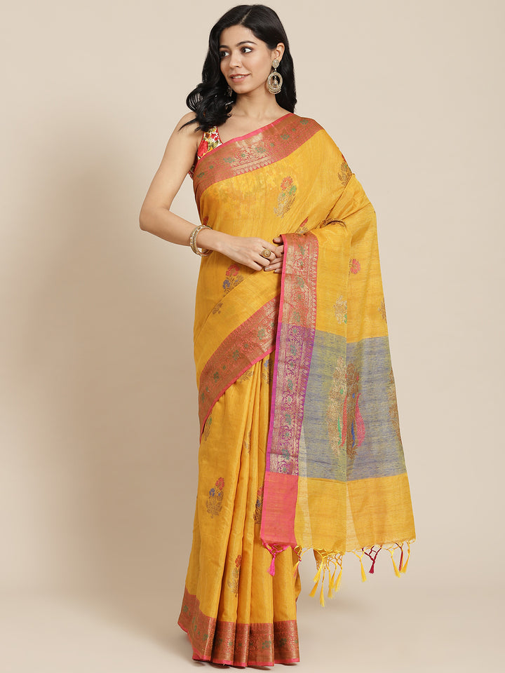 Chhabra 555 Mustard Jute Silk Traditional Floral Meenakari Motifs Royal Saree With Contrast Blouse

Color: Mustard

Type: Chanderi Sarees

Pattern: Woven Design

Pattern Type: Ethnic Motifs

Ornamentation: Zari

Border: Zari

Fabric: Silk Blend

Saree: 5.50 mtr., Width: 1.15 mtr, Blouse: 0.90 mtr
Dry Clean

The CAD image gives a detailed look of the actual blouse piece that comes with this saree. The blouse used by the model in the pictures is only for styling purpose.