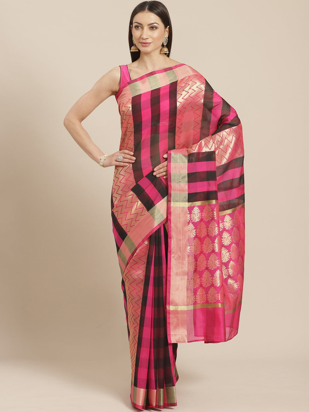 Mangalagiri Chanderi Silk Saree with Bright Pink Black Checkered pattern and Zari Pallu
