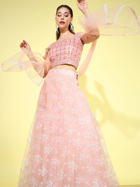 Chhabra 555 Resham Mirror Embroidered Cold-shoulder blouse with Foil print Lehenga & Net Dupatta 