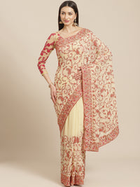 Beige Georgette Saree with Intricate Resham Embroidered Paisley Motifs & Crystal Embellishments