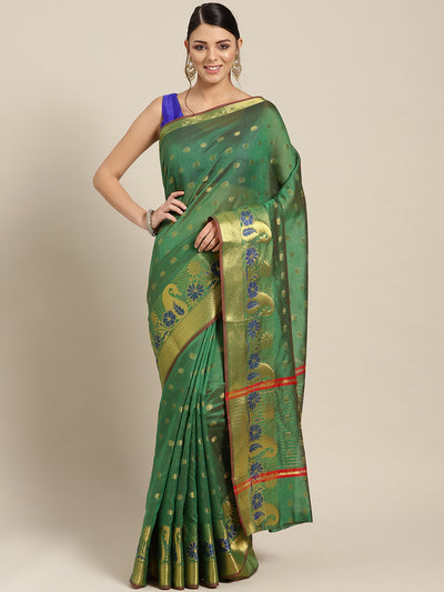 Chhabra 555 Green Chanderi Silk saree with Zari and Meenakari weaving in a paisley pattern