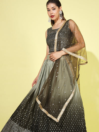 Chhabra 555 Foil Print Ombre Pleated Lehenga with Embellished Tassled Crop Top Blouse & Net Dupatta