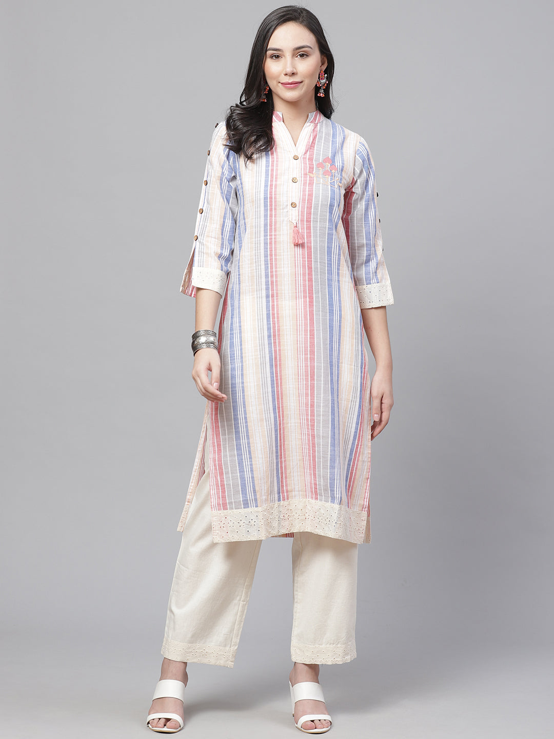 Made to Measure Jute Cotton Kurta Pallazo Set With Stylised Sleeves & Lace Trimming