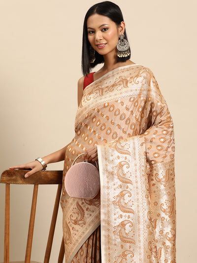 Chhabra 555 Beige Tassar Resham & Zari Embellish Kanjeewaram Traditional Handloom Paisley Silk Saree