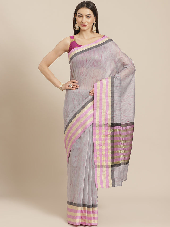 Grey Mangalagiri Jute Silk Saree with Colorblocked Contrast Color Striped Border & Pallu
