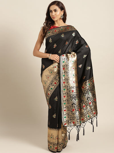 Chhabra 555 Black Banarasi Handloom Silk Saree with Floral Meenakari pattern and Jhalar