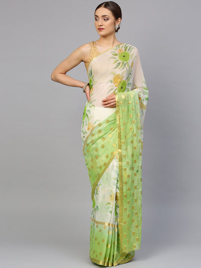 Chhabra 555 Green and Off White Chiffon Woven, Printed, Ombre, Crystal With Saree 