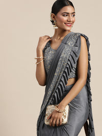 Chhabra 555 Pre-Draped Gold Foil Print Ruffled Grey Ready to Wear Saree With Embellished Blouse