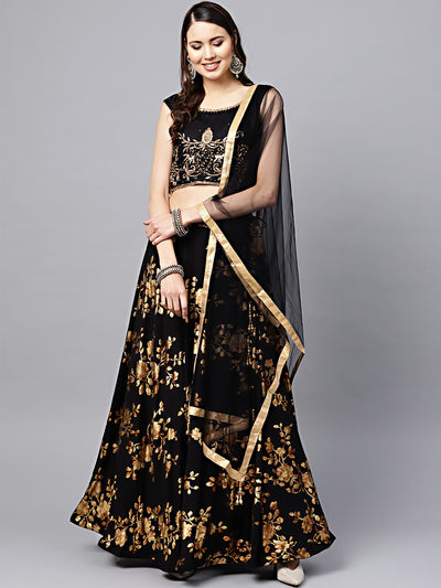Chhabra 555 Made-to-Measure Crop Top Lehenga Set with Zircon Embroidery and Floral Gold Print
