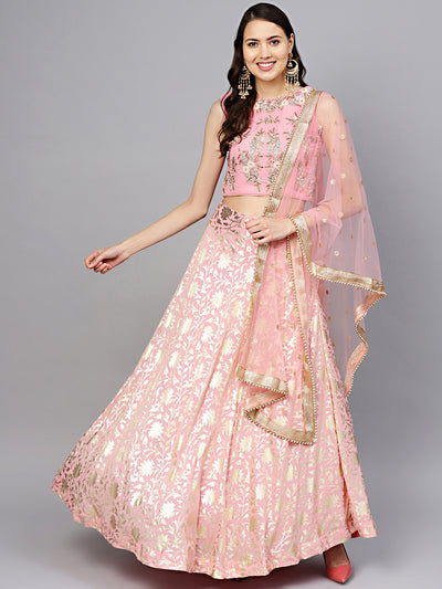 Chhabra 555 Made-to-Measure Pearl Embellished Crop Top blouse with Foil Print lehenga and dupatta