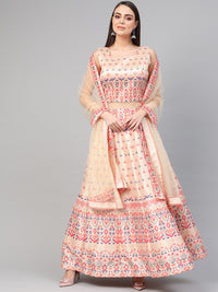 Chhabra 555 Made-to-Measure Light Pink Anarkali Cocktail Gown with Crystal Embellishments and Ikat Inspired Tribal pattern