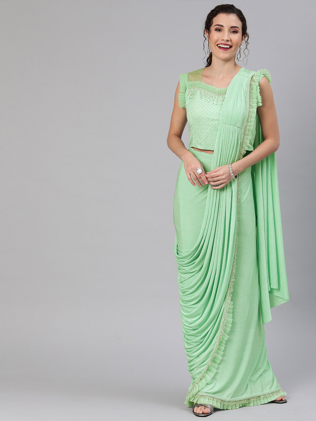Ruffled Pre-Draped Lycra Cocktail Saree with Net Frills and Curtana Tassled Border