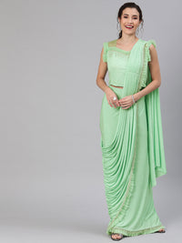 Ruffled Pre-Draped Lycra Cocktail Saree with Net Frills and Curtana Tassled Border