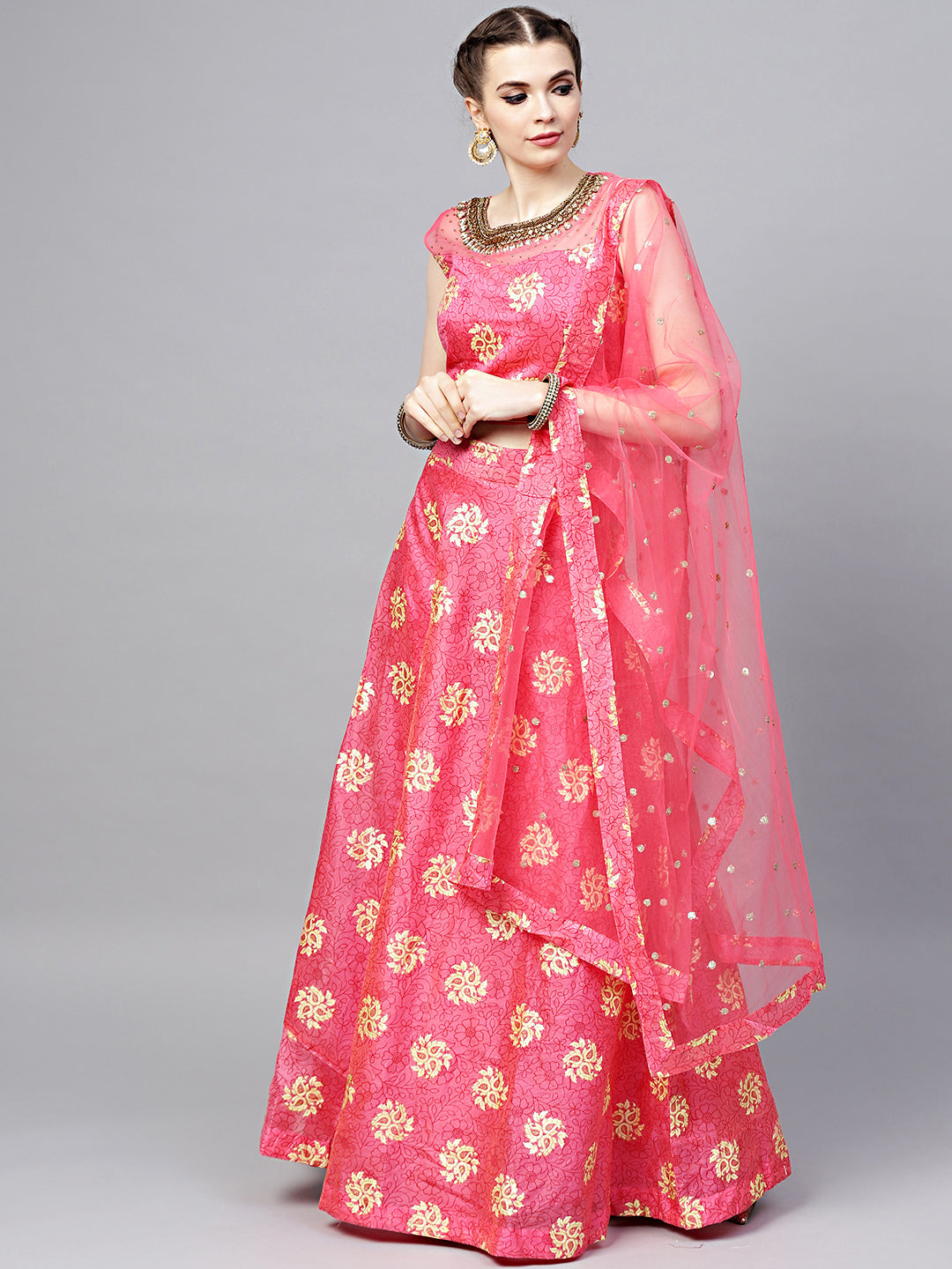 Chhabra 555 Made-to-Measure Croptop Lehenga with Jeweled neckline, Foil Print, Embroidered Dupatta