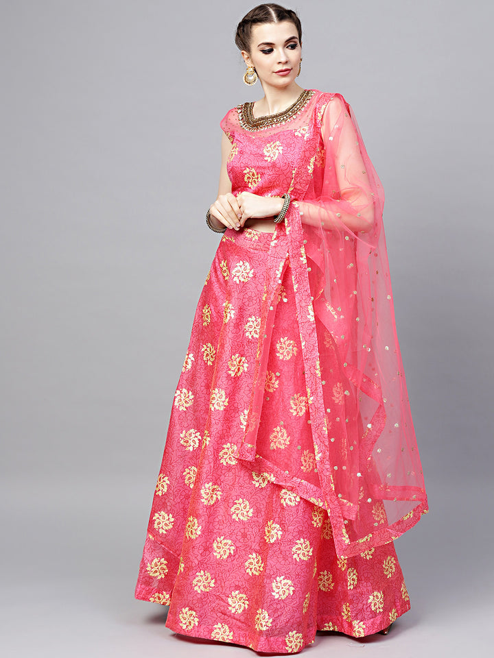 Chhabra 555 Made-to-Measure Croptop Lehenga with Jeweled neckline, Foil Print, Embroidered Dupatta