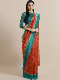 Chhabra 555 Ikat Inspired Red Bhagalpuri Silk Digital Printed Saree with Colorblock Teal Border