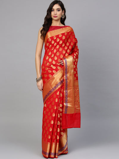Chhabra 555 Red Chanderi Silk Handloom, Hand Woven,Floral, Meenakari Banarasi Zari Weav Border Saree  