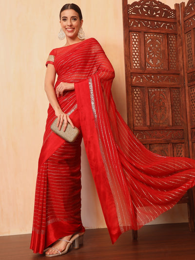 Chhabra 555 Red Lurex Zari Striped Lightweight Girlish Leheriya Saree With Satin Border