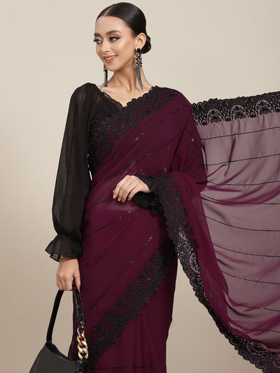 Chhabra 555 Burgundy Georgette Saree With Black Resham Embroidery, Scalloped Border & Stylish Belt 