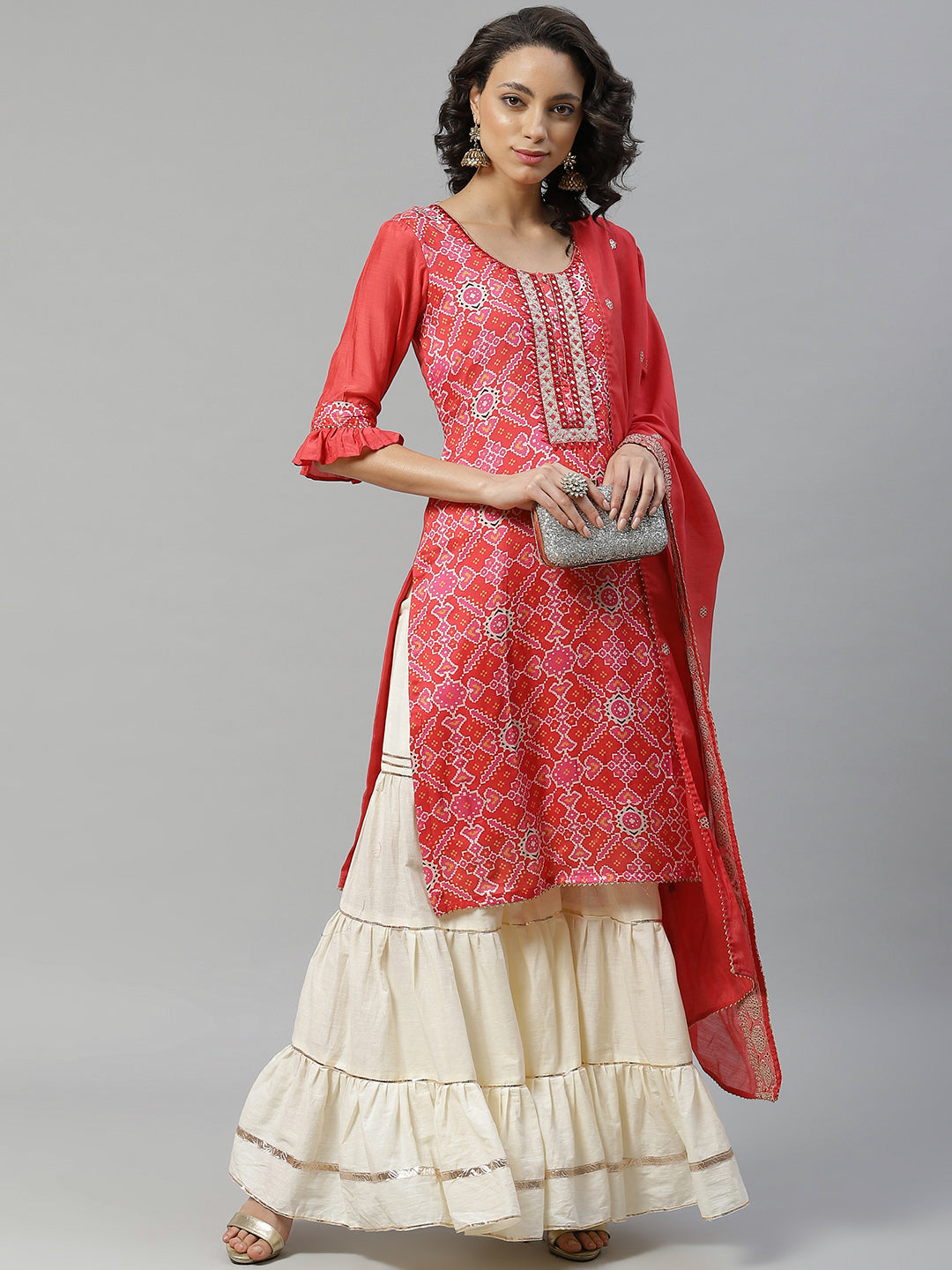 Made to Measure Red Printed Art Silk Kurta, Contrast Cream Readymade Sharara Set with Sequence Zari Embroiderd Dupatta