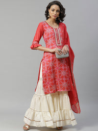 Made to Measure Red Printed Art Silk Kurta, Contrast Cream Readymade Sharara Set with Sequence Zari Embroiderd Dupatta